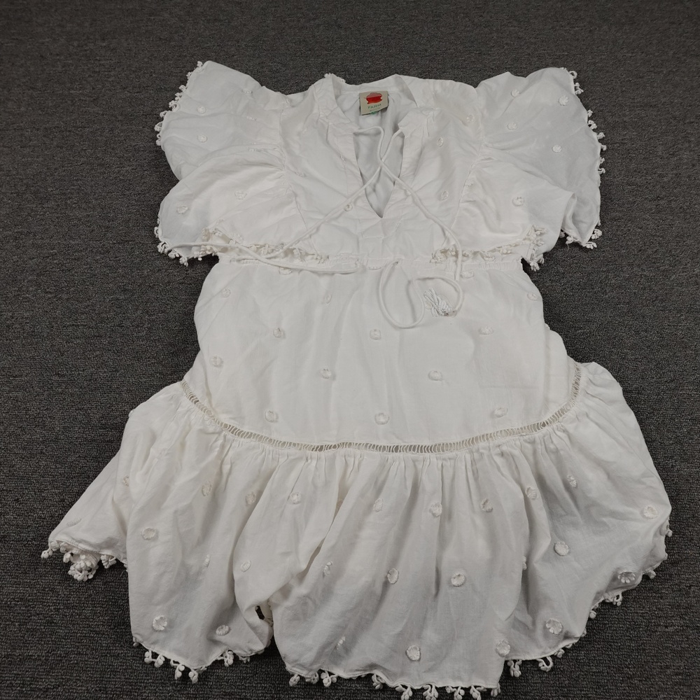 Farm Rio Dress Womens Small White Swiss Dot 3D Flower Tassel Mini Boho Lined